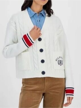 Tommy Hilfiger cable knit cardigan v neck sweater logo